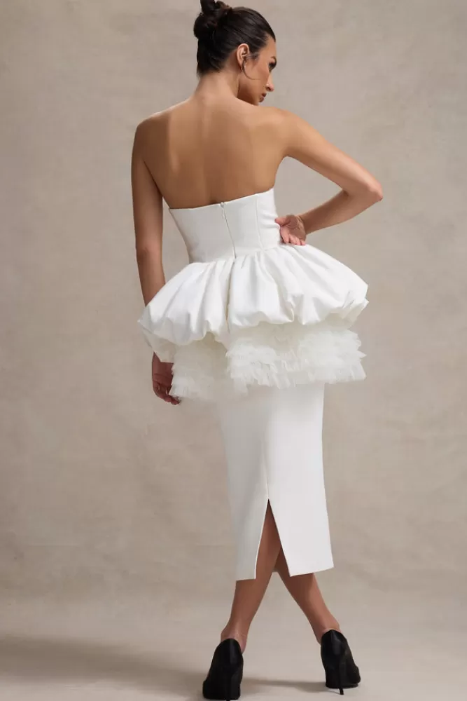 Club L London Jones | Strapless Midi Dress With Tulle Peplum Waist WHITE Hot