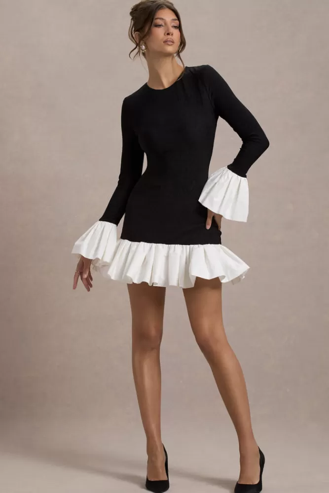 Club L London Josefina | Black Long-Sleeve Mini Dress With White Satin Trims BLACKANDWHITE Best Sale