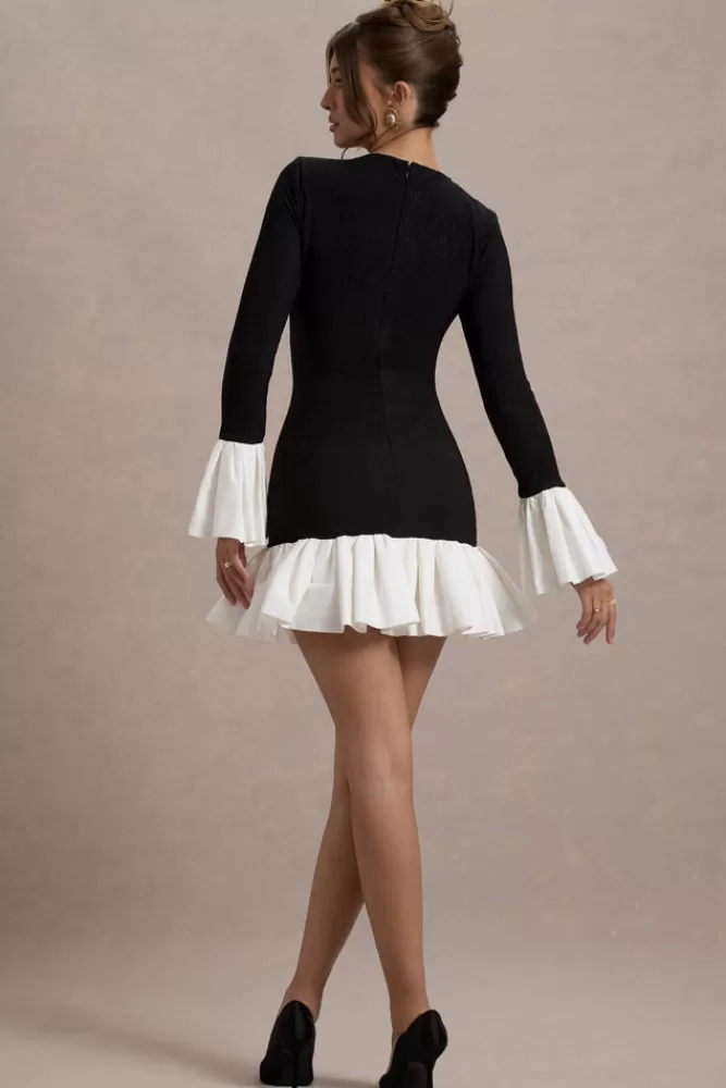 Club L London Josefina | Black Long-Sleeve Mini Dress With White Satin Trims BLACKANDWHITE Best Sale