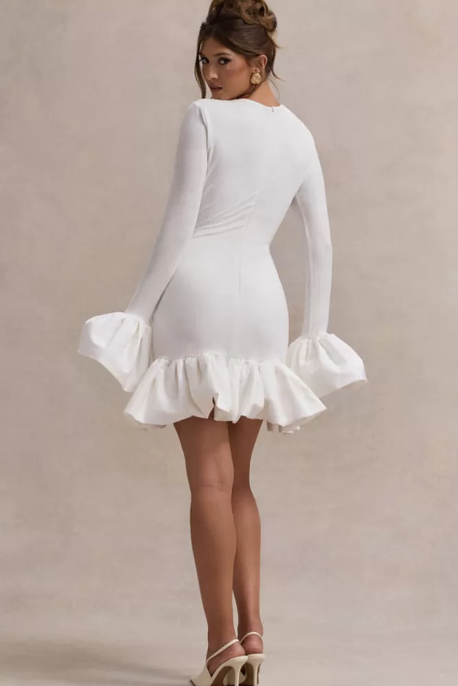 Club L London Josefina | Long-Sleeve Mini Dress With Satin Trims CREAM Cheap