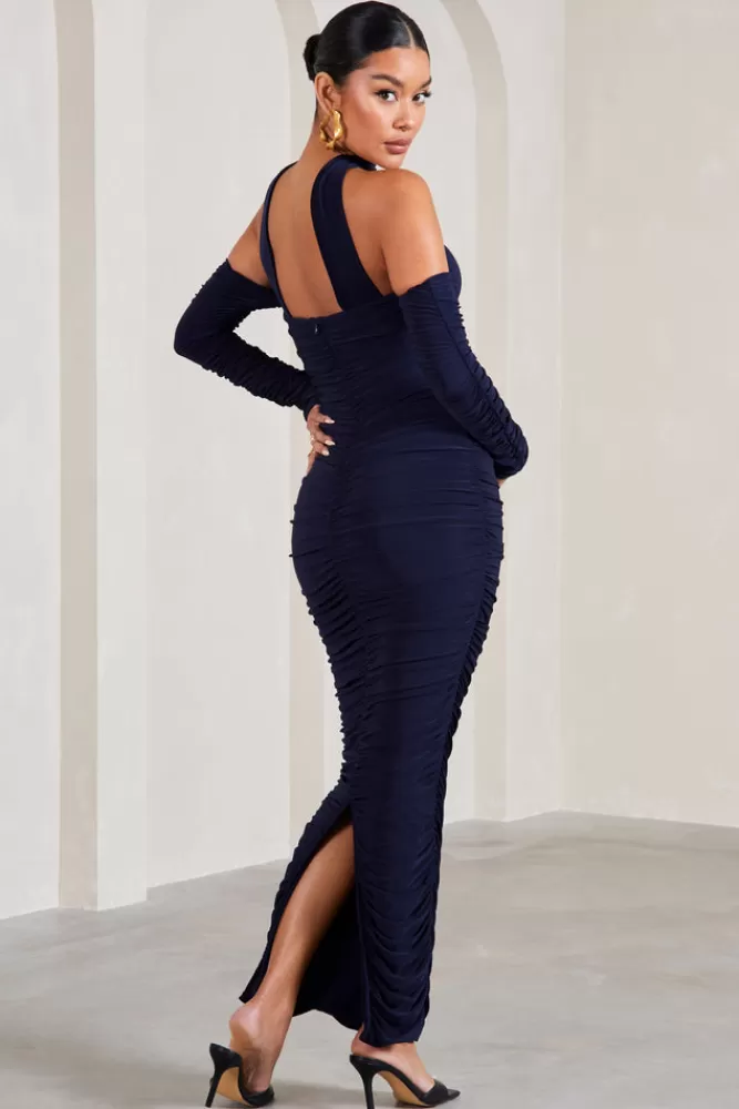 Club L London Joy | Ruched Long-Sleeved Maternity Maxi Dress With Halter Collar NAVY New