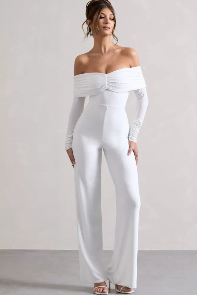 Club L London Jules | Bardot Long-Sleeve Straight-Leg Jumpsuit WHITE Flash Sale