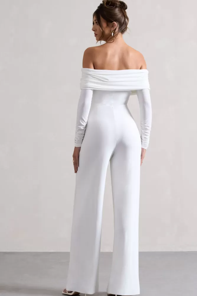 Club L London Jules | Bardot Long-Sleeve Straight-Leg Jumpsuit WHITE Flash Sale