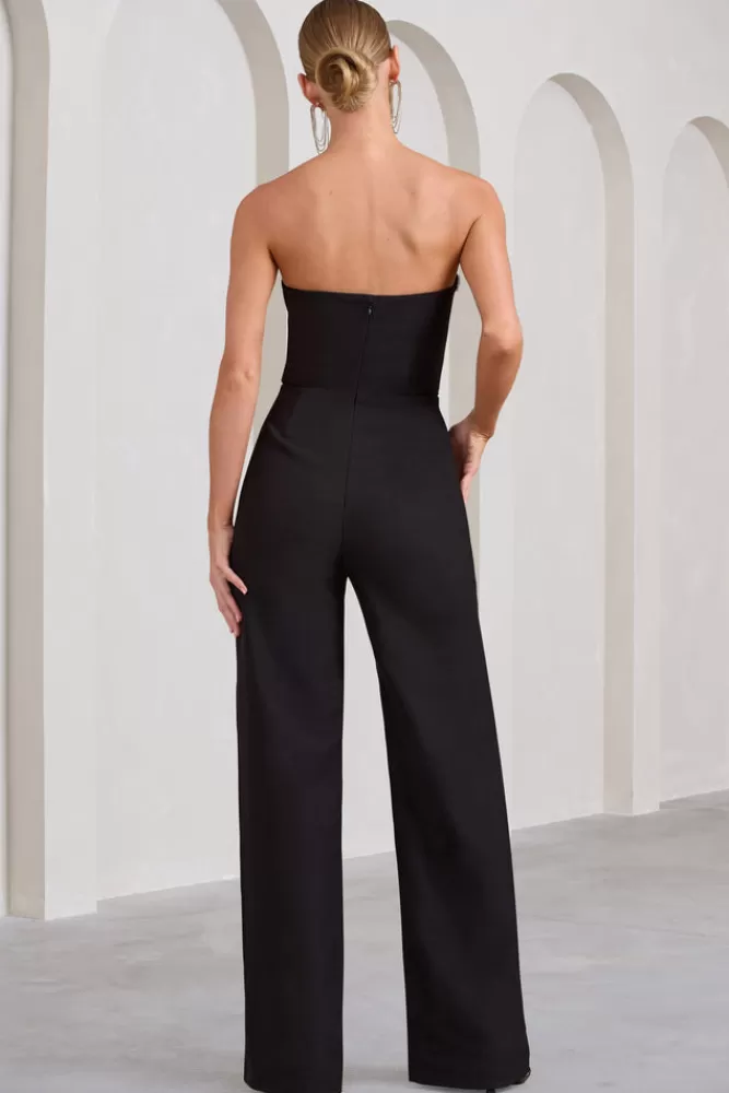 Club L London Julia | Extreme Plunge Cut Out Wide Leg Jumpsuit BLACK Clearance