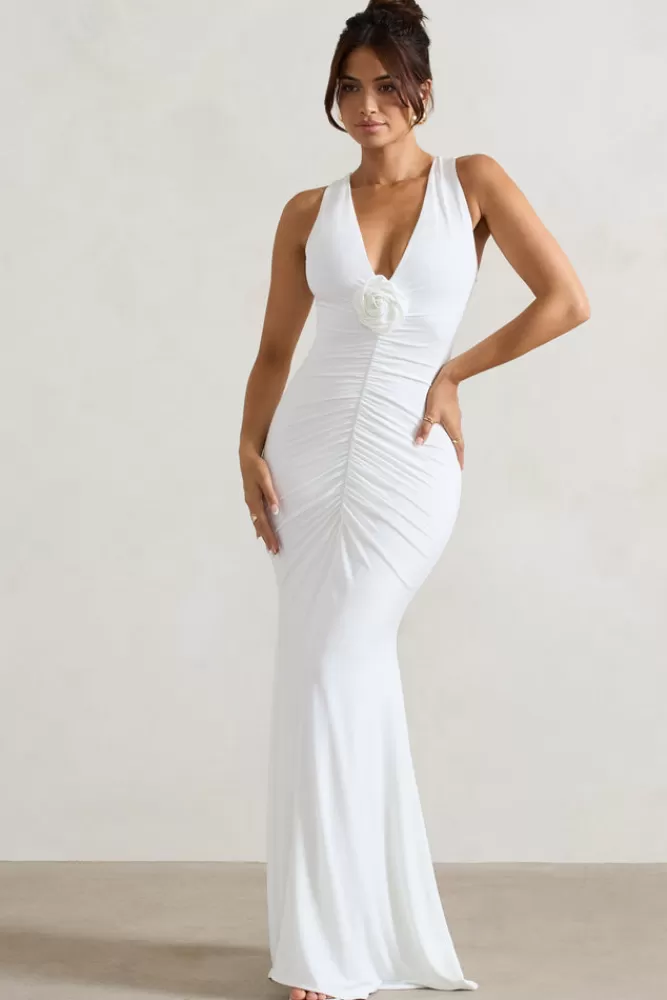 Club L London Julianna | Plunge-Neck Ruched Maxi Dress With Corsage WHITE Flash Sale