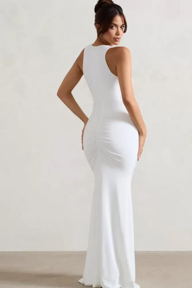 Club L London Julianna | Plunge-Neck Ruched Maxi Dress With Corsage WHITE Flash Sale