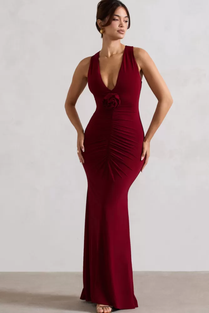 Club L London Julianna | Wine Plunge-Neck Ruched Maxi Dress With Corsage BURGUNDY Fashion