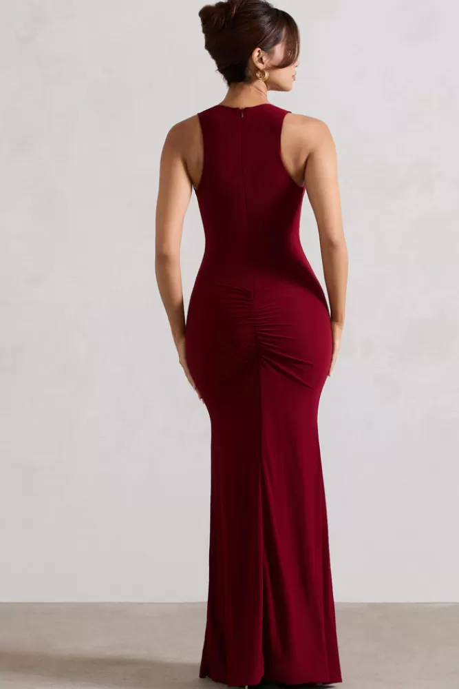 Club L London Julianna | Wine Plunge-Neck Ruched Maxi Dress With Corsage BURGUNDY Fashion