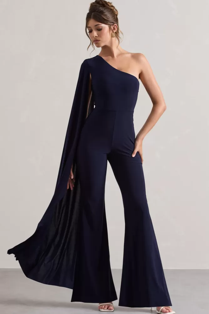 Club L London Julie | Asymmetric Flared-Leg Jumpsuit With Cape Sleeve NAVY Best