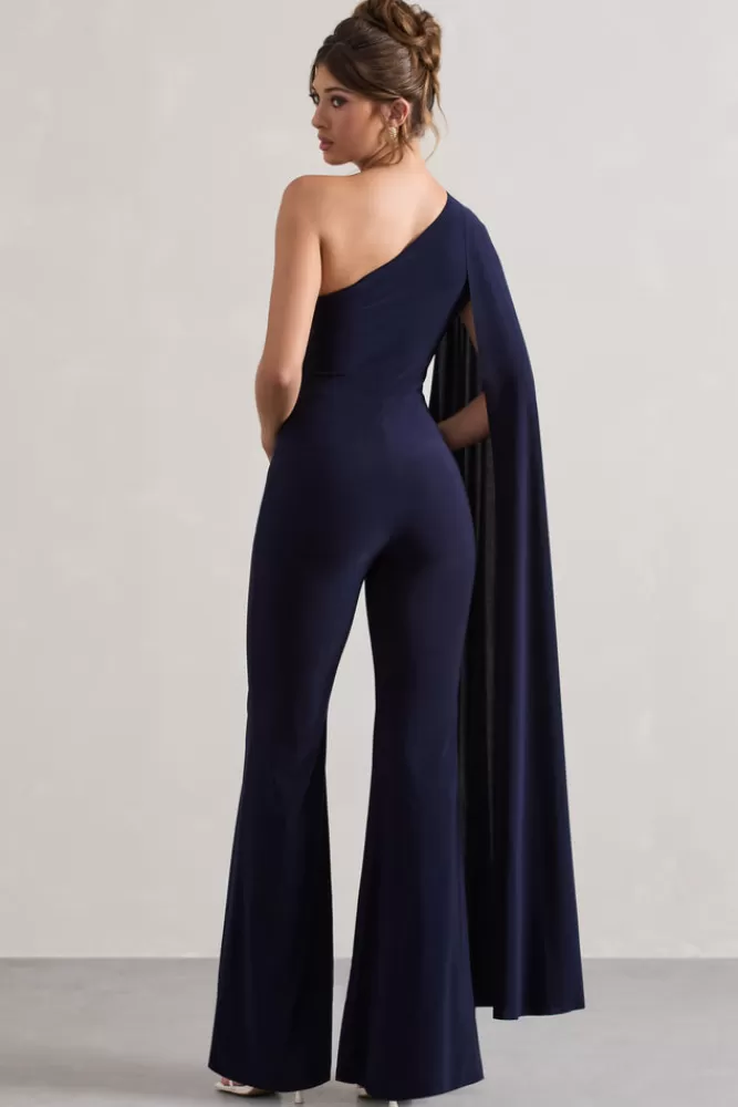 Club L London Julie | Asymmetric Flared-Leg Jumpsuit With Cape Sleeve NAVY Best