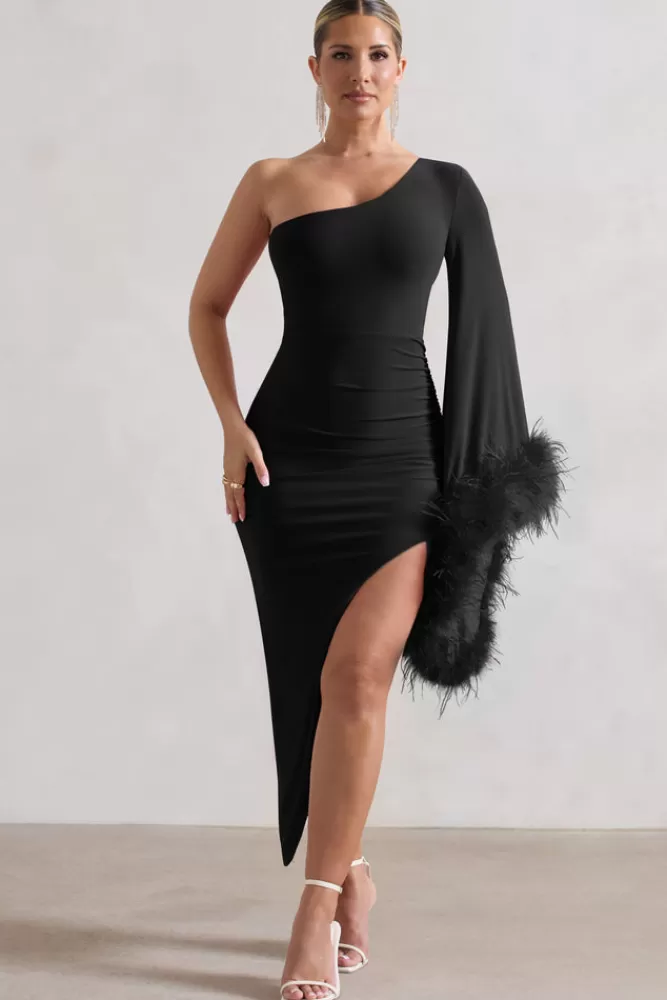 Club L London July | Asymmetric One Shoulder Cape Midi Dress With Feathers BLACK Sale