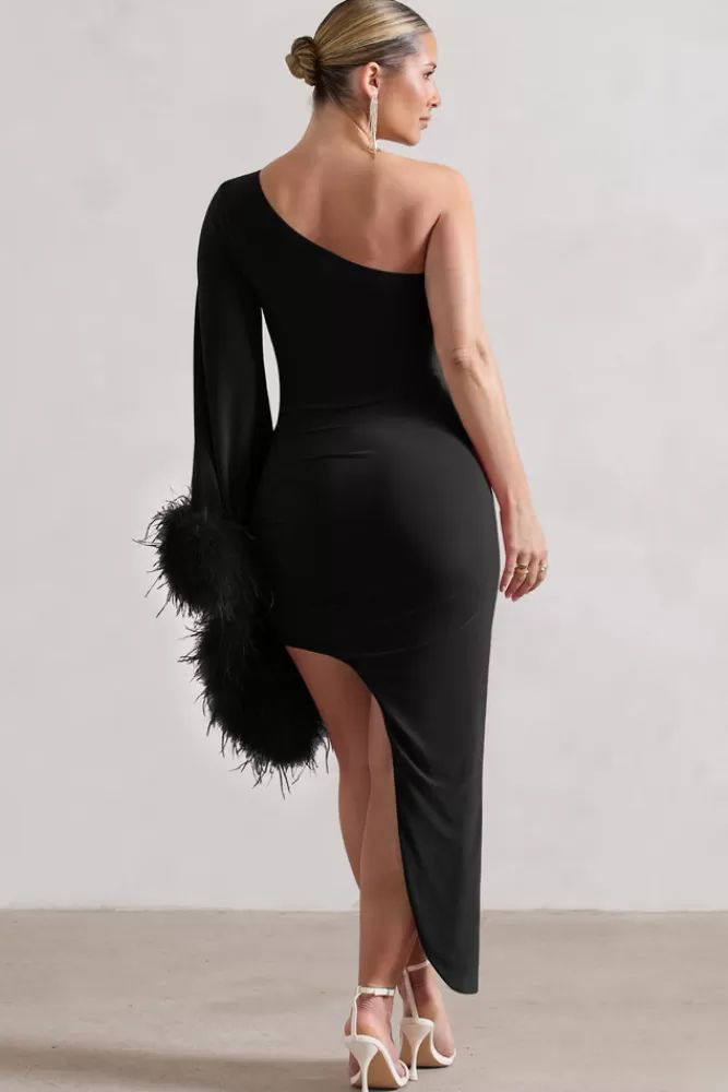 Club L London July | Asymmetric One Shoulder Cape Midi Dress With Feathers BLACK Sale