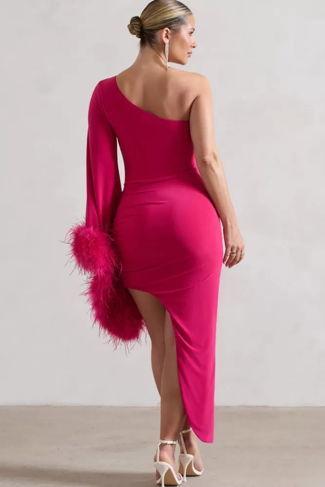Club L London July | Dark Pink Asymmetric One Shoulder Cape Midi Dress With Feathers BOUDOIRRED Cheap