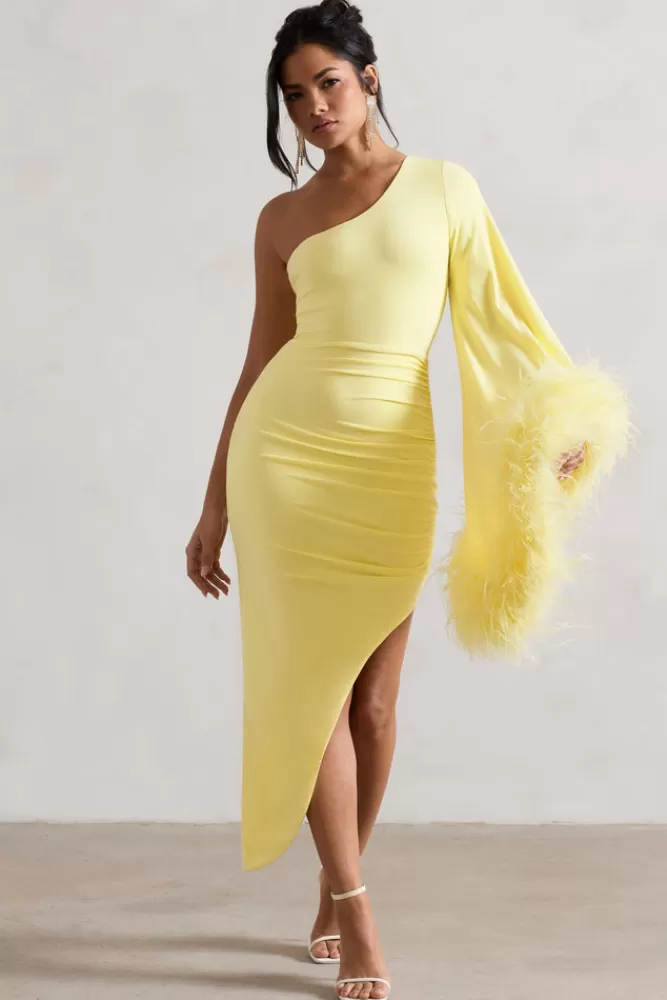 Club L London July | Lemon Asymmetric One Shoulder Cape Midi Dress With Feathers DUCKLING Store
