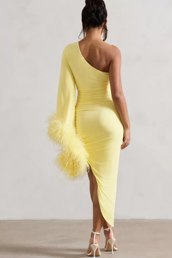Club L London July | Lemon Asymmetric One Shoulder Cape Midi Dress With Feathers DUCKLING Store