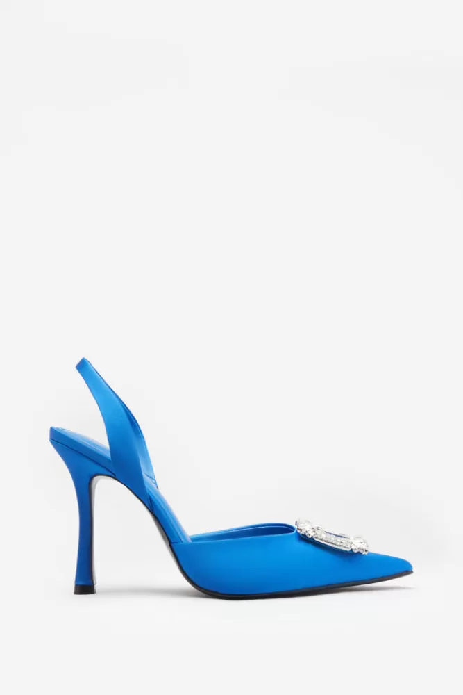 Club L London Just A Fling | Blue Satin Sling Back Heels With Diamante Brooches ELECTRICBLUESATIN Best Sale