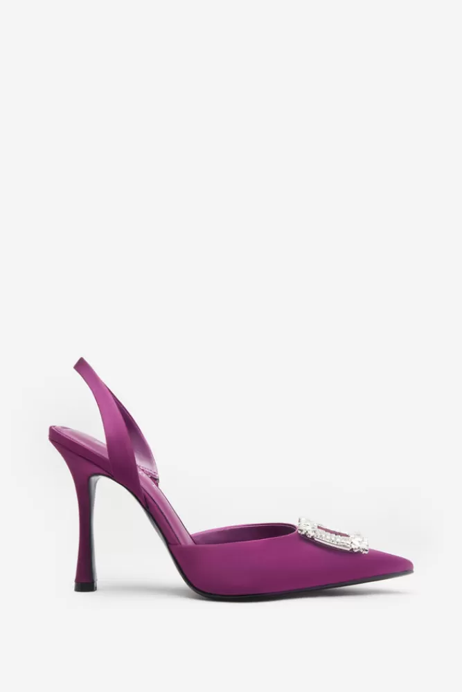 Club L London Just A Fling | Purple Satin Sling Back Heels With Diamante Brooches PURPLESATIN New