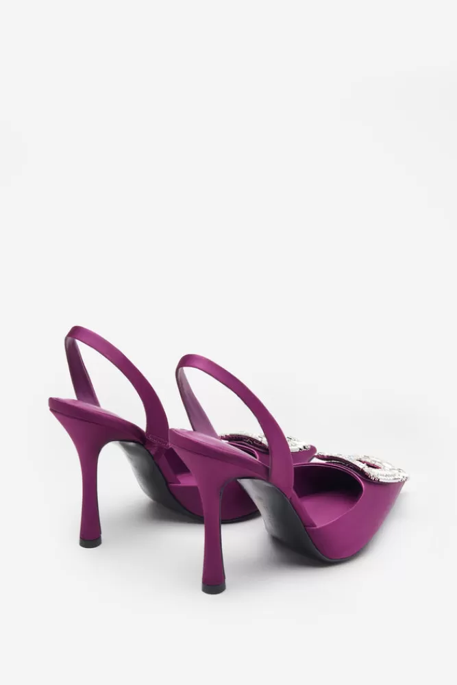 Club L London Just A Fling | Purple Satin Sling Back Heels With Diamante Brooches PURPLESATIN New