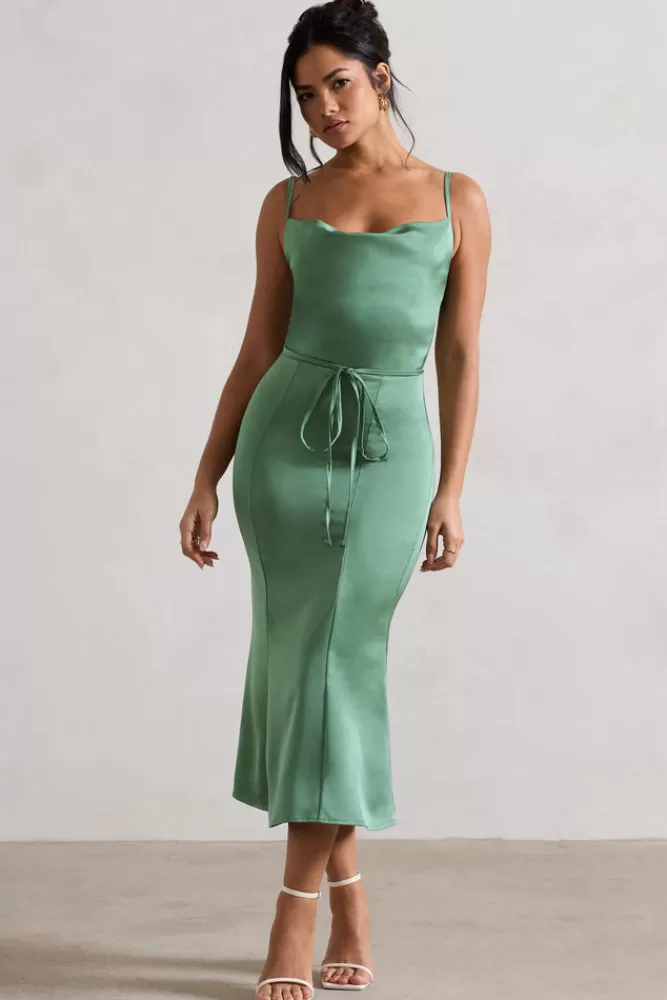 Club L London Just A Moment | Soft Green Satin Cowl-Neck Midi Dress With Tie Waist DUCKEGG Online