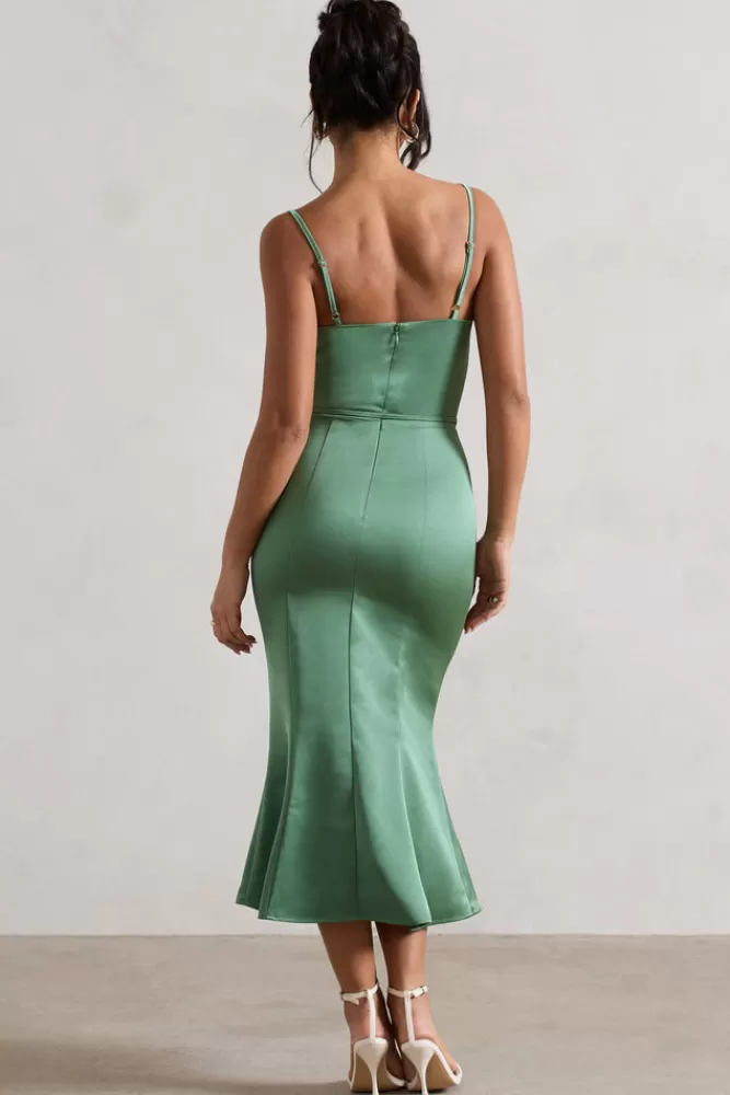 Club L London Just A Moment | Soft Green Satin Cowl-Neck Midi Dress With Tie Waist DUCKEGG Online