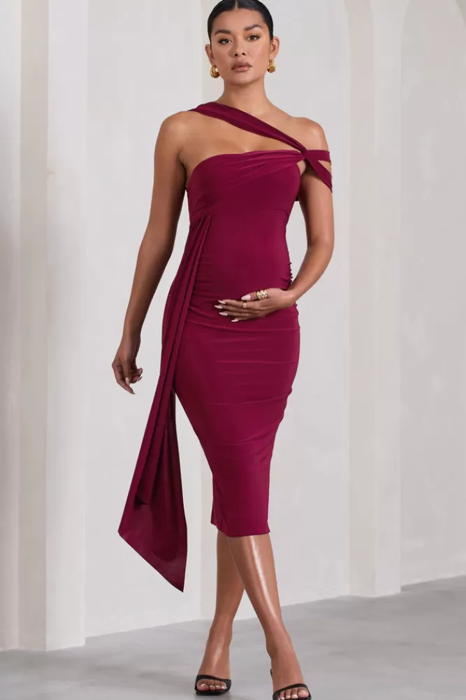 Club L London Just Wait | Asymmetric Strappy Maternity Midi Dress With Drape BERRY New
