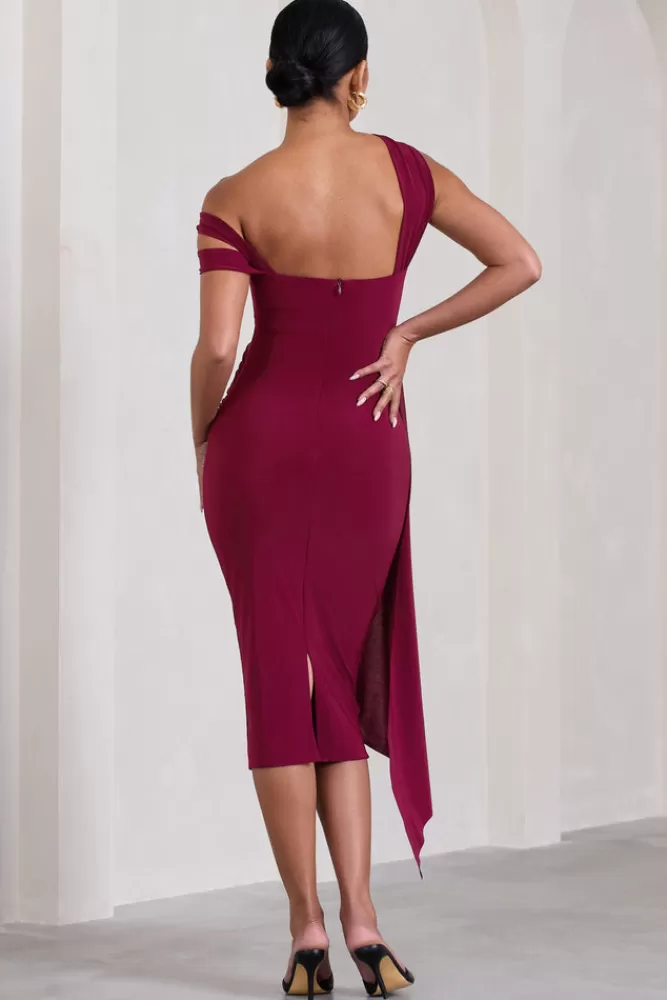 Club L London Just Wait | Asymmetric Strappy Maternity Midi Dress With Drape BERRY New