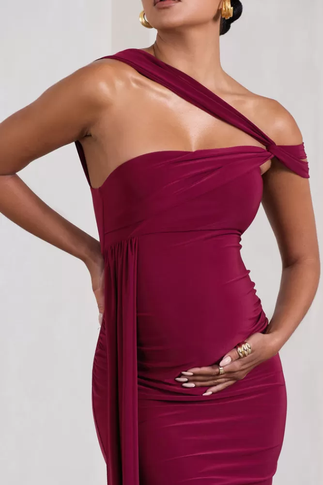 Club L London Just Wait | Asymmetric Strappy Maternity Midi Dress With Drape BERRY New