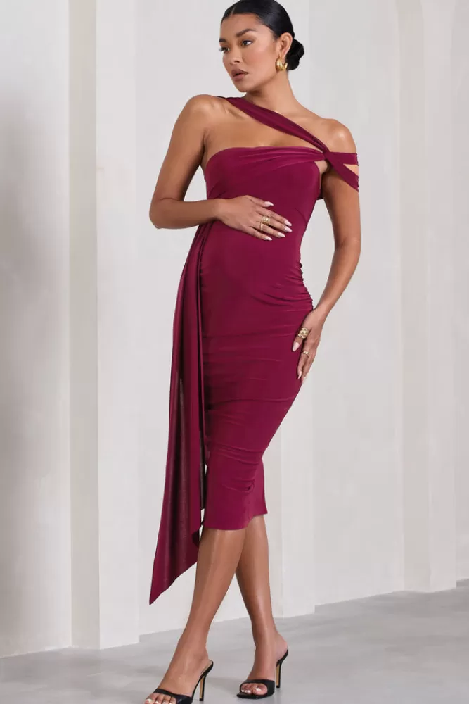 Club L London Just Wait | Asymmetric Strappy Maternity Midi Dress With Drape BERRY New