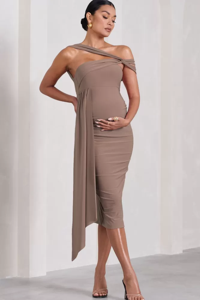Club L London Just Wait | Asymmetric Strappy Maternity Midi Dress With Drape MOCHA Flash Sale