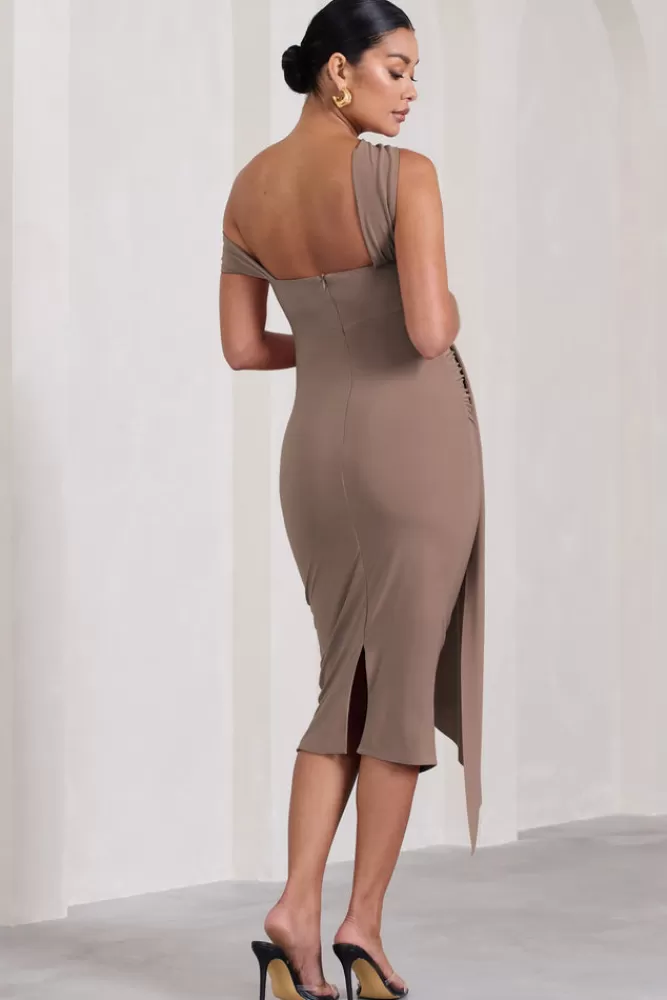 Club L London Just Wait | Asymmetric Strappy Maternity Midi Dress With Drape MOCHA Flash Sale