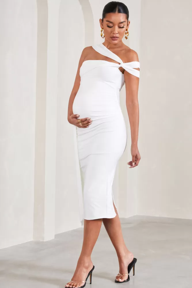 Club L London Just Wait | Asymmetric Strappy Maternity Midi Dress With Drape WHITE Store