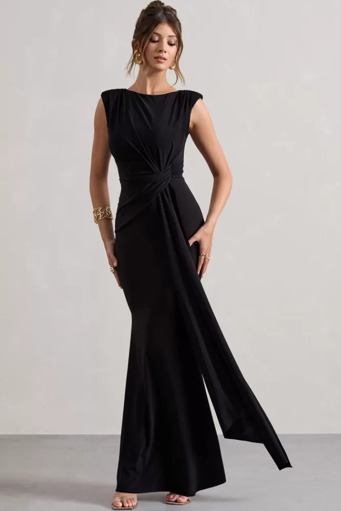 Club L London Kadie | Sleeveless Gathered Maxi Dress With Drape BLACK Discount