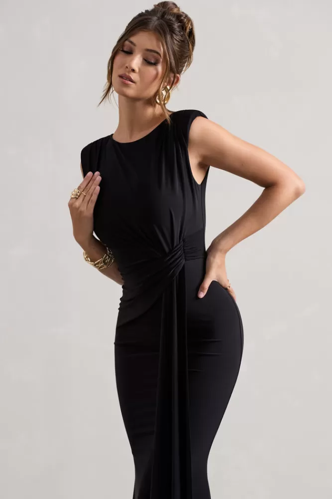 Club L London Kadie | Sleeveless Gathered Maxi Dress With Drape BLACK Discount