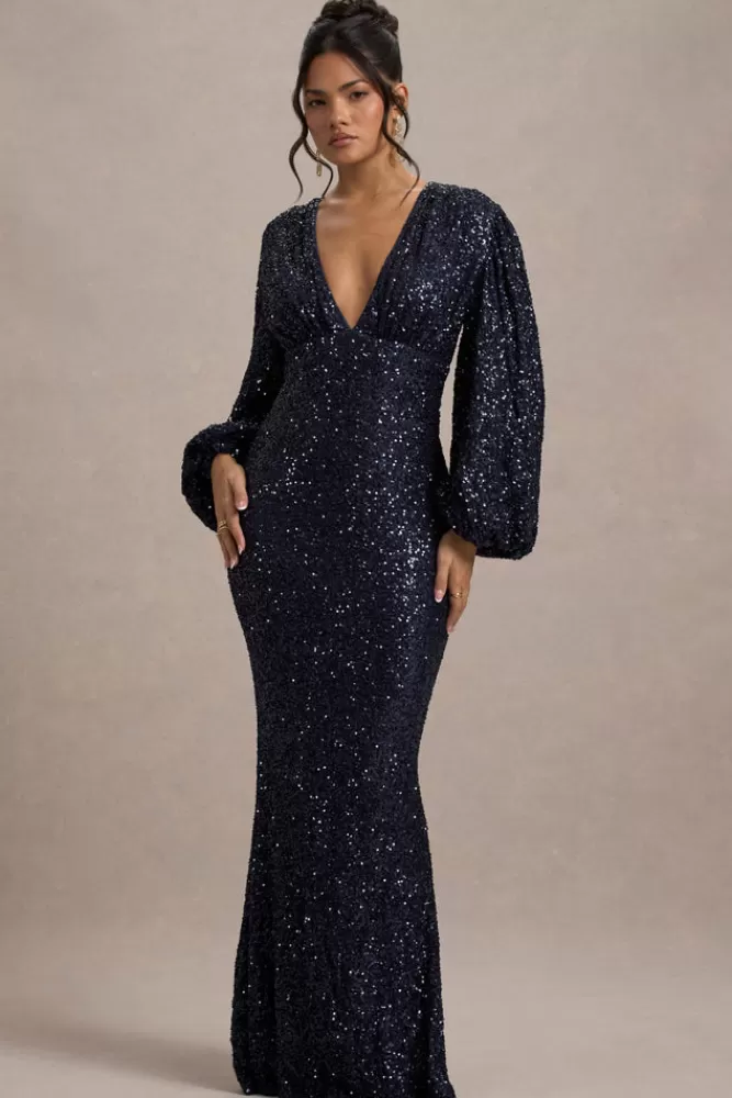 Club L London Kaelin | Sequin Plunge-Neck Maxi Dress NAVY Discount