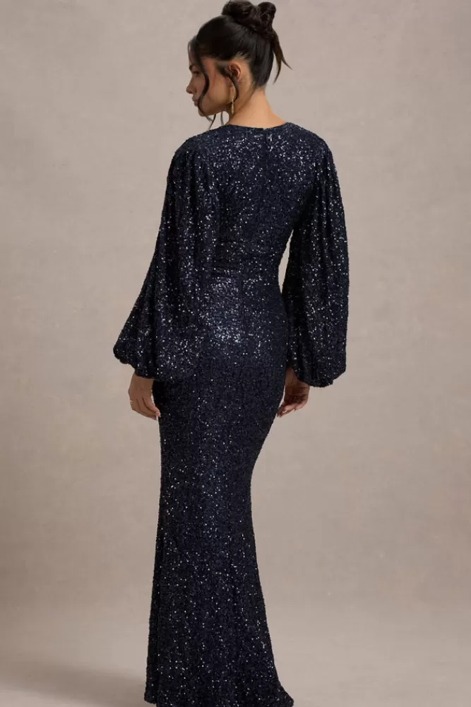 Club L London Kaelin | Sequin Plunge-Neck Maxi Dress NAVY Discount