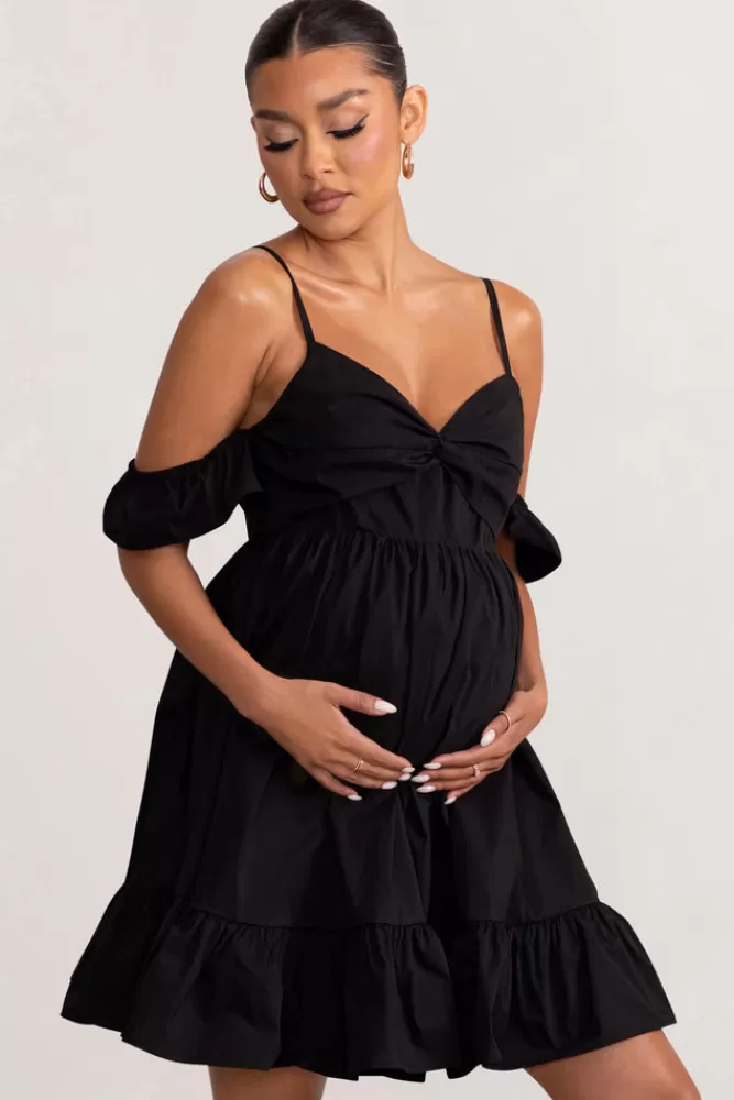 Club L London Kai | Cami Babydoll Maternity Mini Dress With Ruffle Cold Shoulder Sleeves BLACK Best