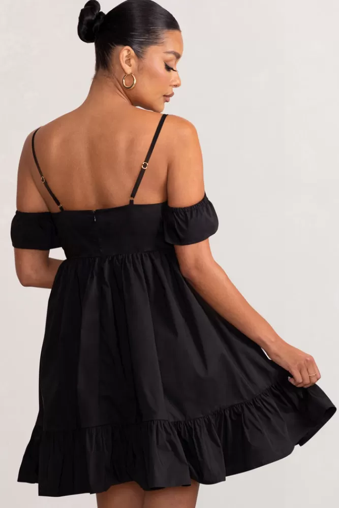 Club L London Kai | Cami Babydoll Maternity Mini Dress With Ruffle Cold Shoulder Sleeves BLACK Best