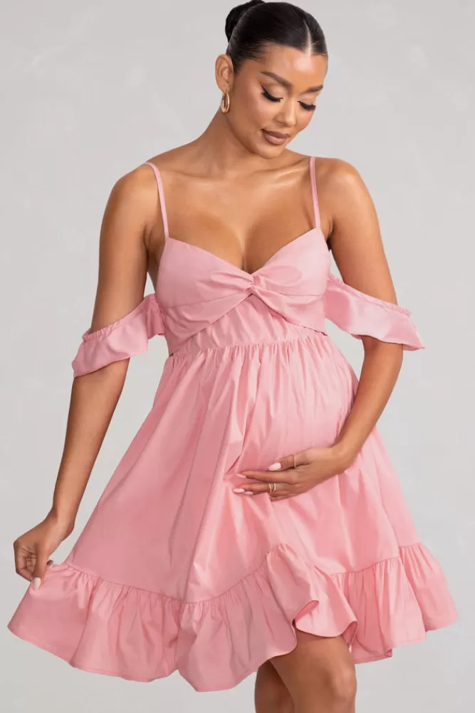 Club L London Kai | Cami Babydoll Maternity Mini Dress With Ruffle Cold Shoulder Sleeves BLUSH Flash Sale