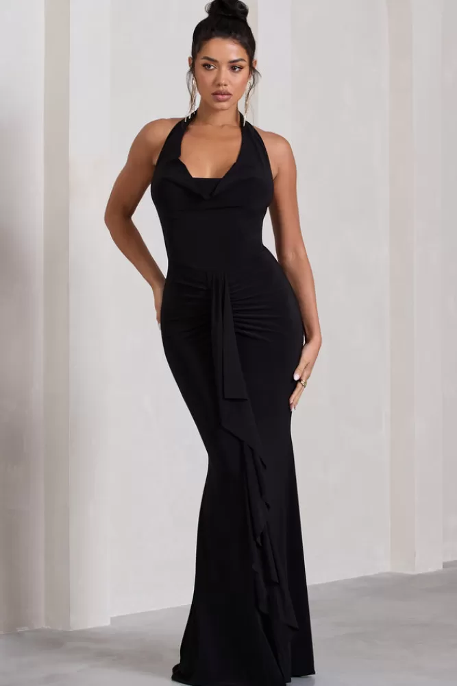 Club L London Kaia | Ruched Cowl-Neck Maxi Dress With Drape BLACK Sale