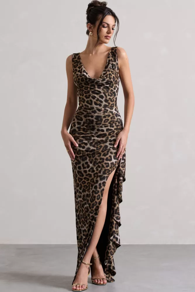 Club L London Kaida | Print Cowl-Neck Ruffled Split Maxi Dress LEOPARD Shop