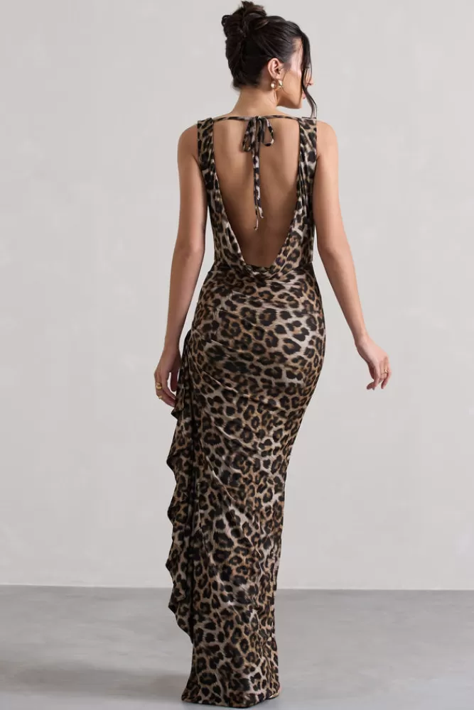 Club L London Kaida | Print Cowl-Neck Ruffled Split Maxi Dress LEOPARD Shop