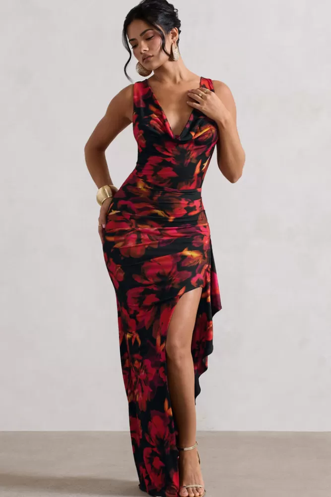 Club L London Kaida | Red Floral Print Cowl-Neck Ruffled Split Maxi Dress FIREFLORAL Hot