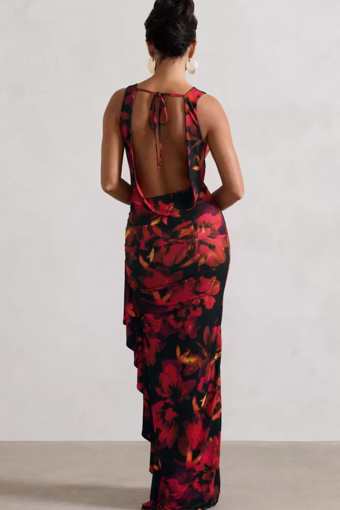Club L London Kaida | Red Floral Print Cowl-Neck Ruffled Split Maxi Dress FIREFLORAL Hot
