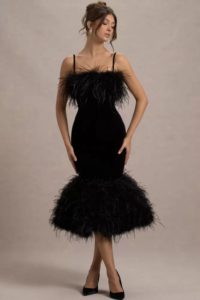 Club L London Kalena | Velvet Feather Trim Midi Dress BLACK New