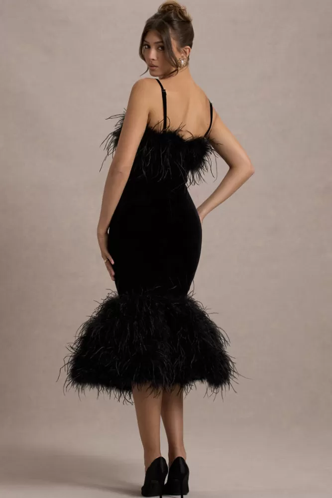 Club L London Kalena | Velvet Feather Trim Midi Dress BLACK New