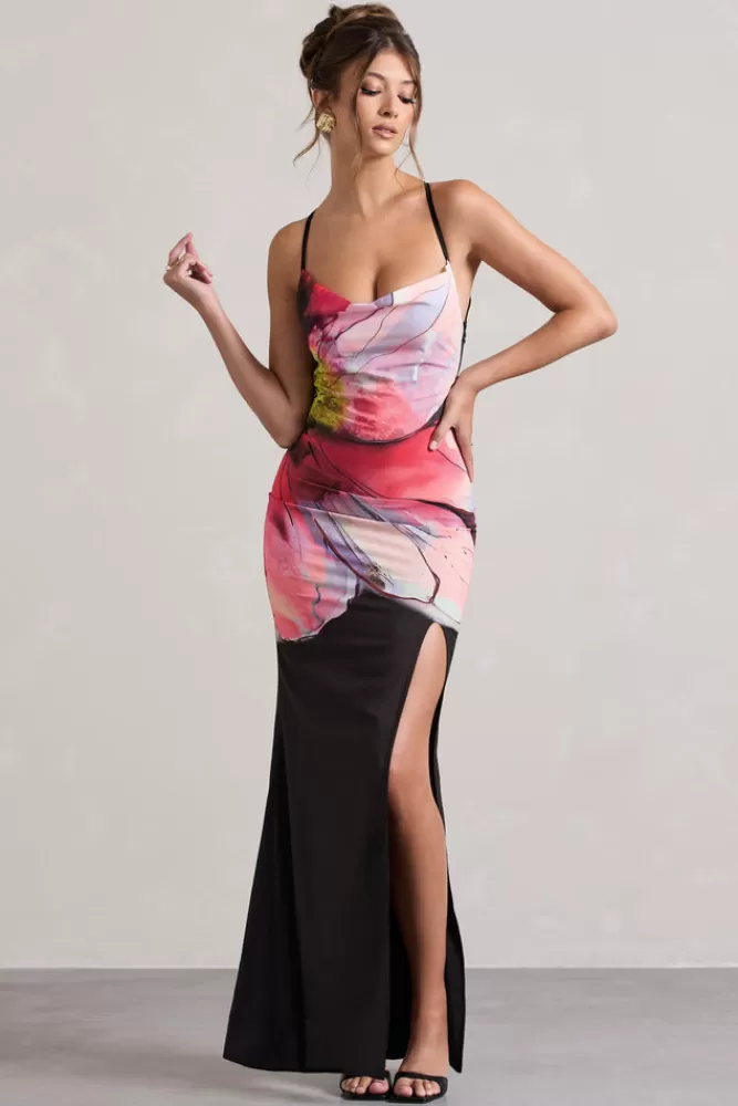 Club L London Kali | Black Floral Print Cowl-Neck Open-Back Split Maxi Dress FLORALPRINT Flash Sale