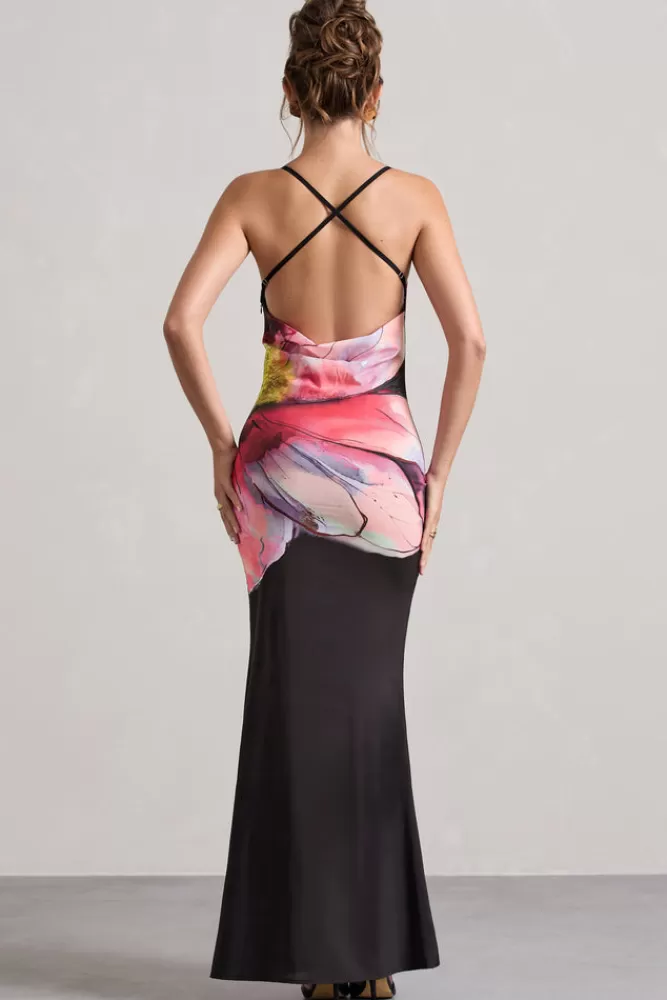 Club L London Kali | Black Floral Print Cowl-Neck Open-Back Split Maxi Dress FLORALPRINT Flash Sale