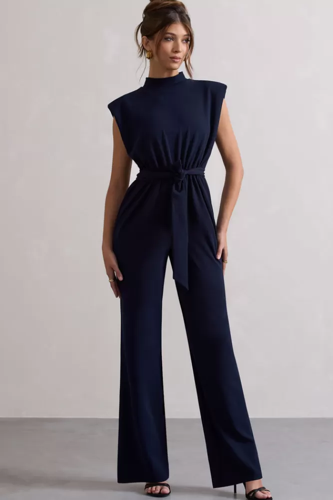 Club L London Kalona | High-Neck Wide-Leg Jumpsuit With Tie Waist NAVY Discount