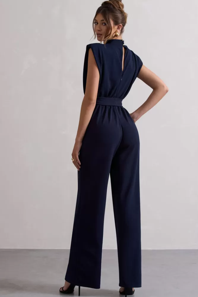 Club L London Kalona | High-Neck Wide-Leg Jumpsuit With Tie Waist NAVY Discount