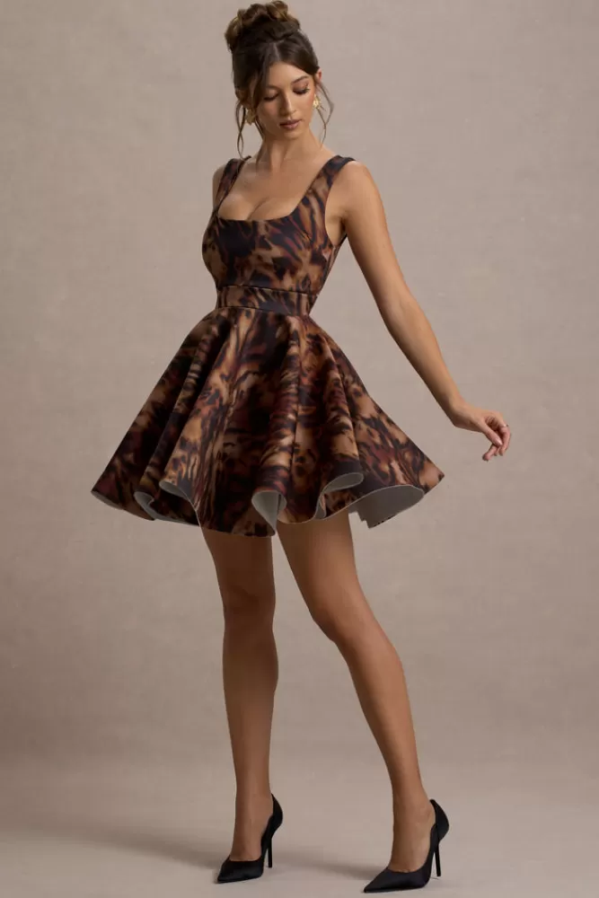 Club L London Kamaria | Animal Print Scoop-Neck Skater Mini Dress LEOPARDPRINT Clearance